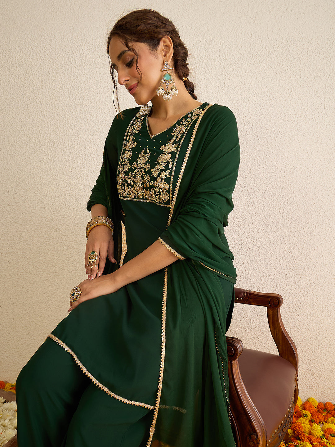 Janasya Women's Dark Green Georgette Floral Zari Embroidered Straight Kurta with Sharara and Dupatta Set