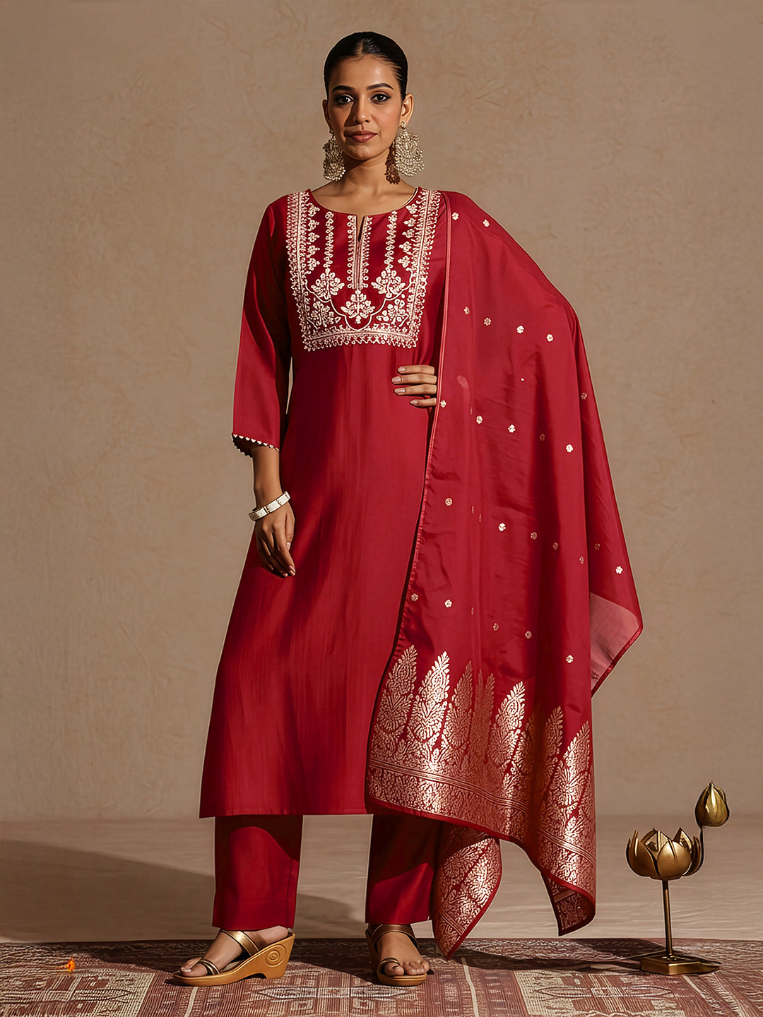 Janasya Women's Maroon Silk Blend Zari Yoke Embroidered Straight Kurta Set