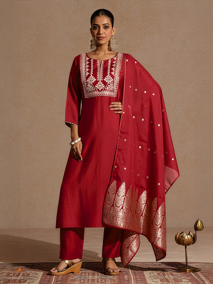 Janasya Women's Maroon Silk Blend Zari Yoke Embroidered Straight Kurta Set