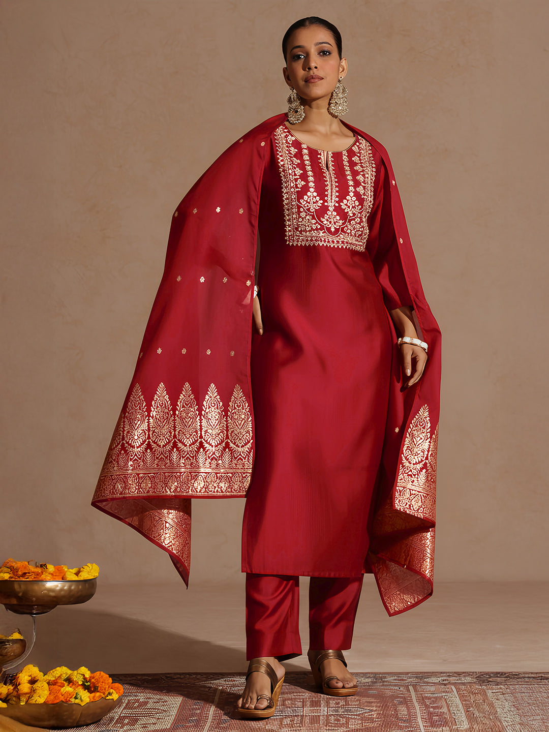 Janasya Women's Maroon Silk Blend Zari Yoke Embroidered Straight Kurta Set