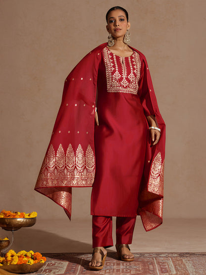 Janasya Women's Maroon Silk Blend Zari Yoke Embroidered Straight Kurta Set