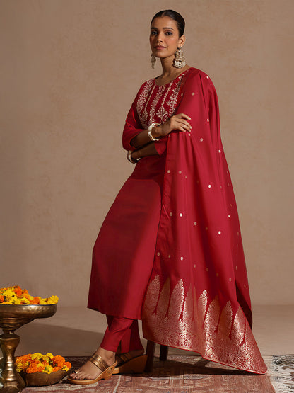 Janasya Women's Maroon Silk Blend Zari Yoke Embroidered Straight Kurta Set