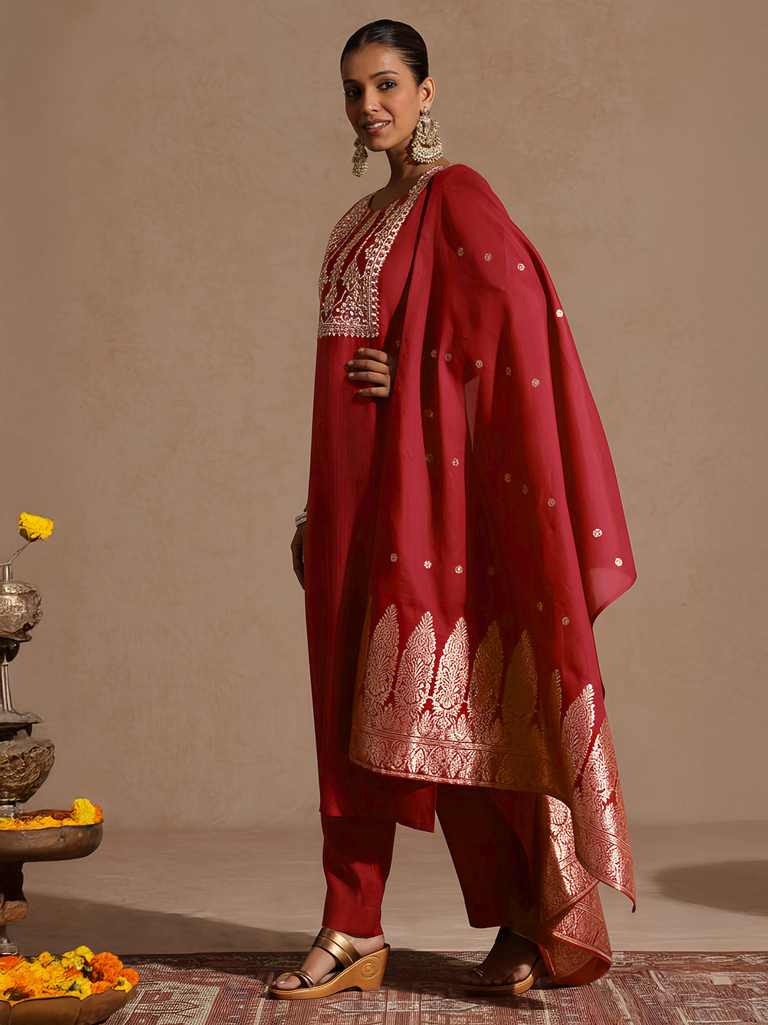 Janasya Women's Maroon Silk Blend Zari Yoke Embroidered Straight Kurta Set