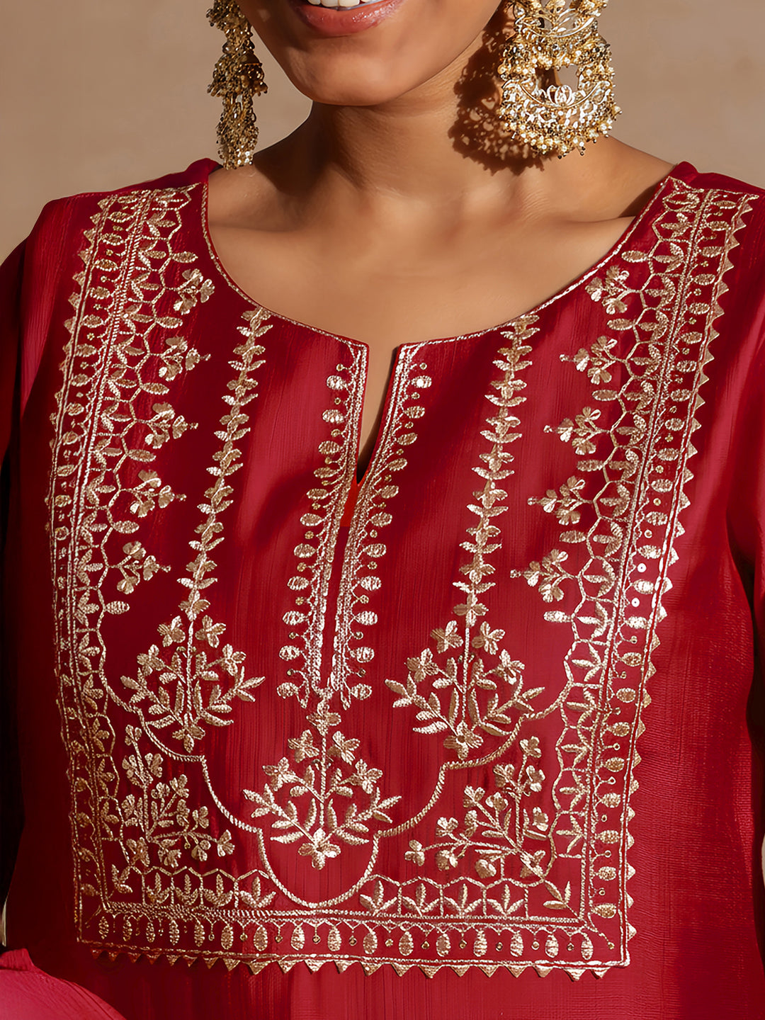 Janasya Women's Maroon Silk Blend Zari Yoke Embroidered Straight Kurta Set