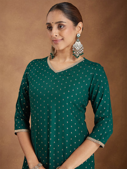 Janasya Women's Dark Green Rayon Embellished Foil Printed Kurta With Sharara & Dupatta Set