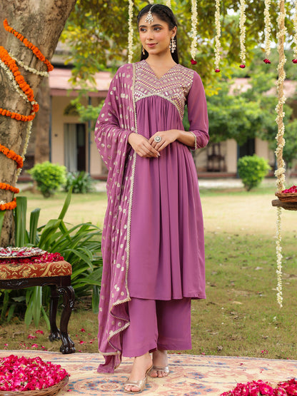 Janasya Women's Lavender Georgette Embellished A-line Kurta With Palazzo & Dupatta Set