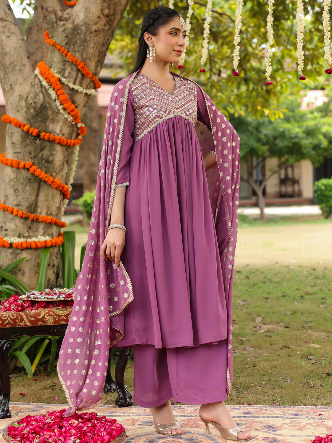 Janasya Women's Lavender Georgette Embellished A-line Kurta With Palazzo & Dupatta Set