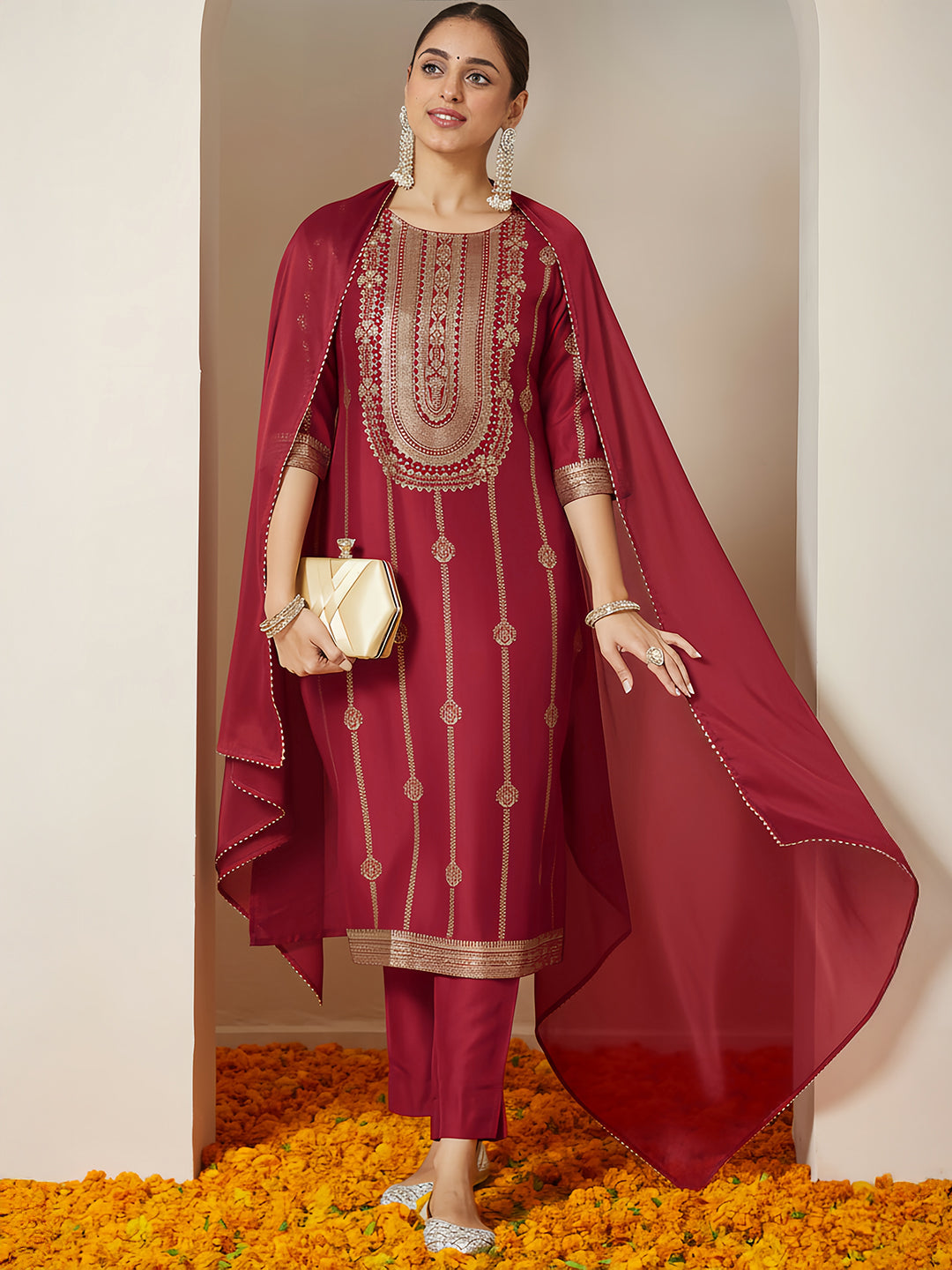 Janasya Women's Maroon Silk Blend Gold Printed Straight Kurta Set