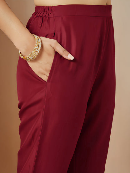 Janasya Women's Maroon Silk Blend Gold Printed Straight Kurta Set