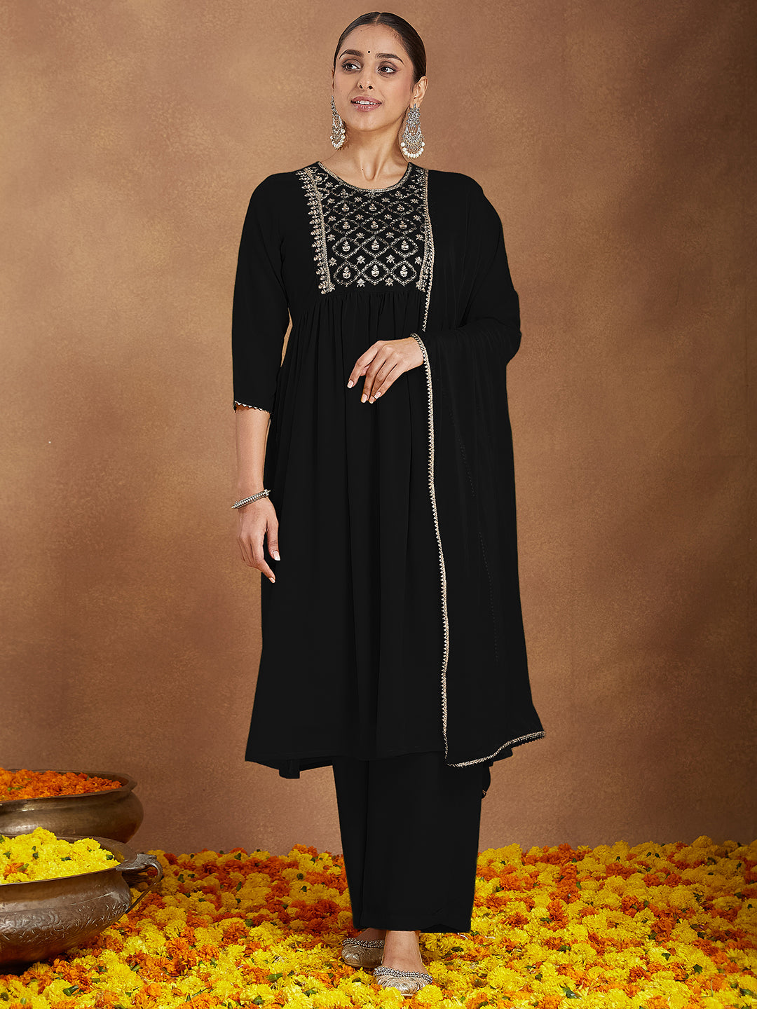 Janasya Women's Black Georgette Zari Yoke Embroidered A-line Kurta With Palazzo & Dupatta Set