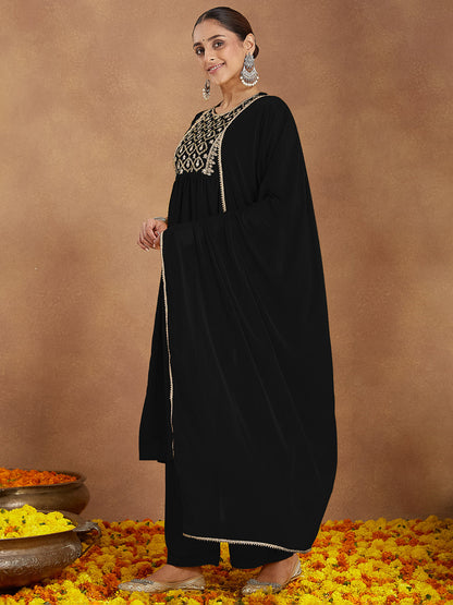 Janasya Women's Black Georgette Zari Yoke Embroidered A-line Kurta With Palazzo & Dupatta Set