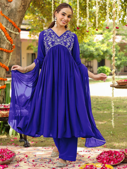 Janasya Women's Royal Blue Georgette Zari Yoke Embroidered A-line Kurta With Palazzo & Dupatta Set