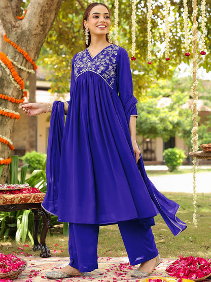 Janasya Women's Royal Blue Georgette Zari Yoke Embroidered A-line Kurta With Palazzo & Dupatta Set