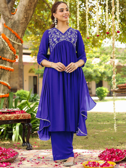 Janasya Women's Royal Blue Georgette Zari Yoke Embroidered A-line Kurta With Palazzo & Dupatta Set