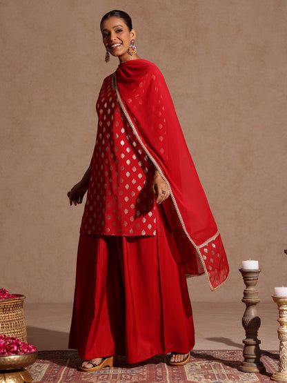 Janasya Women's Maroon Chanderi Silk Embellished Gold Printed Kurta With Sharara & Dupatta Set