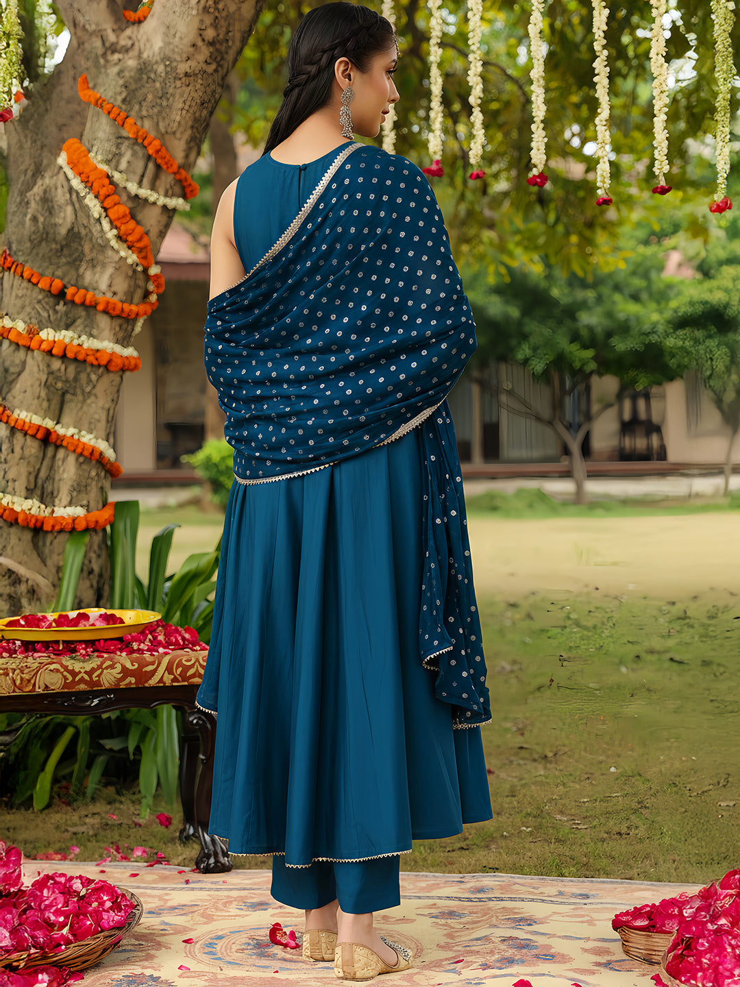 Janasya Women Teal Blue Chanderi Silk Embellished Anarkali Kurta Set With Dupatta