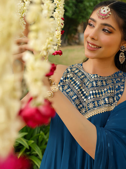 Janasya Women Teal Blue Chanderi Silk Embellished Anarkali Kurta Set With Dupatta