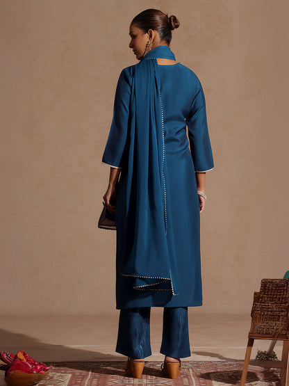 Janasya Women's Teal Blue Chanderi Silk Embellished Straight Kurta Set