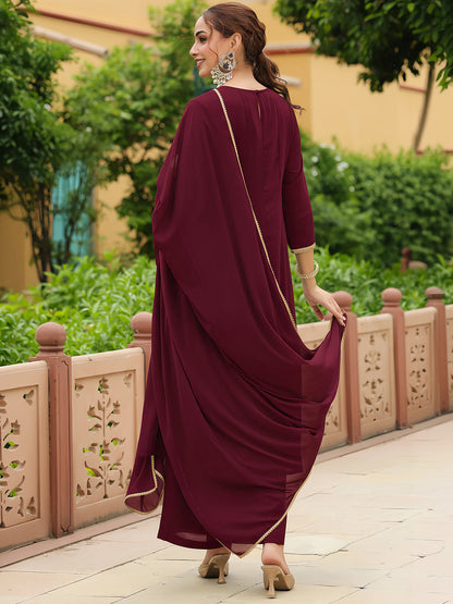 Janasya Women's Maroon Georgette Zari Yoke Embroidered Anarkali Kurta With Palazzo & Dupatta Set