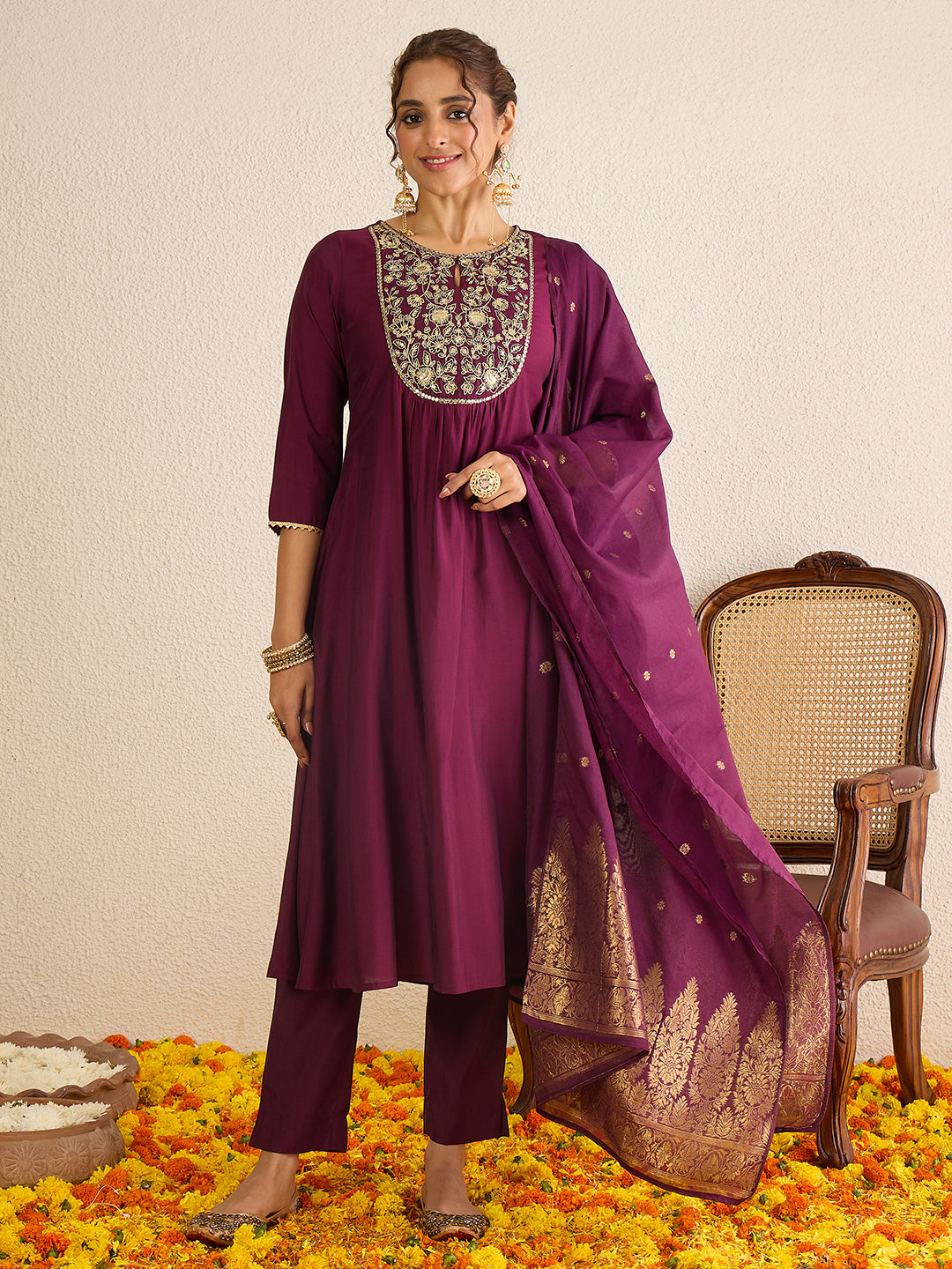 Janasya Women's Wine Chanderi Silk Floral Zari Yoke Embroidered A-line Kurta Set