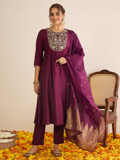 Janasya Women's Wine Chanderi Silk Floral Zari Yoke Embroidered A-line Kurta Set