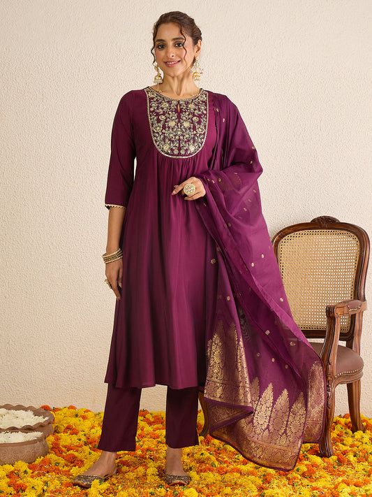 Janasya Women's Wine Chanderi Silk Floral Zari Yoke Embroidered A-line Kurta Set