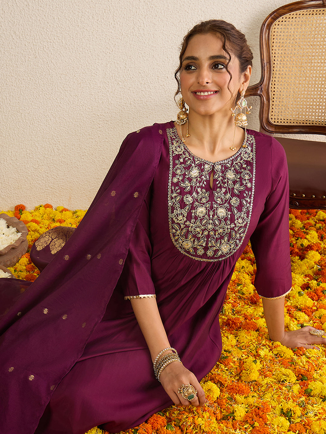 Janasya Women's Wine Chanderi Silk Floral Zari Yoke Embroidered A-line Kurta Set