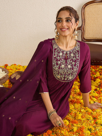Janasya Women's Wine Chanderi Silk Floral Zari Yoke Embroidered A-line Kurta Set