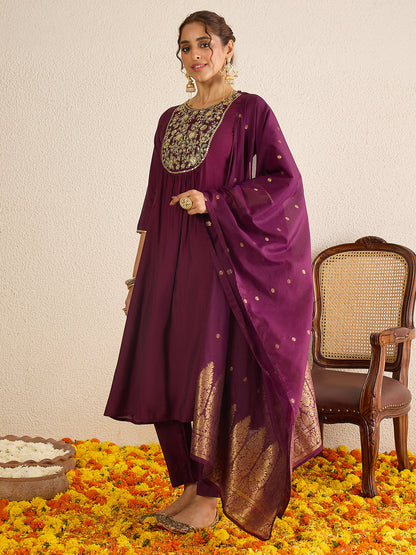 Janasya Women's Wine Chanderi Silk Floral Zari Yoke Embroidered A-line Kurta Set