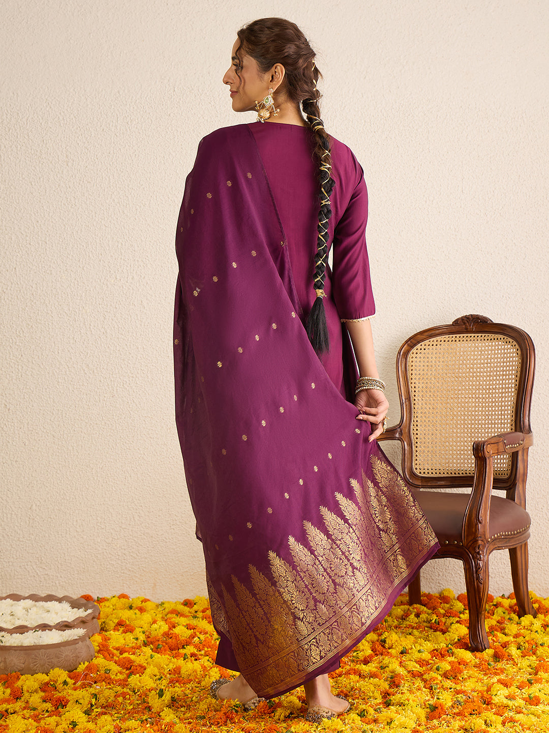 Janasya Women's Wine Chanderi Silk Floral Zari Yoke Embroidered A-line Kurta Set