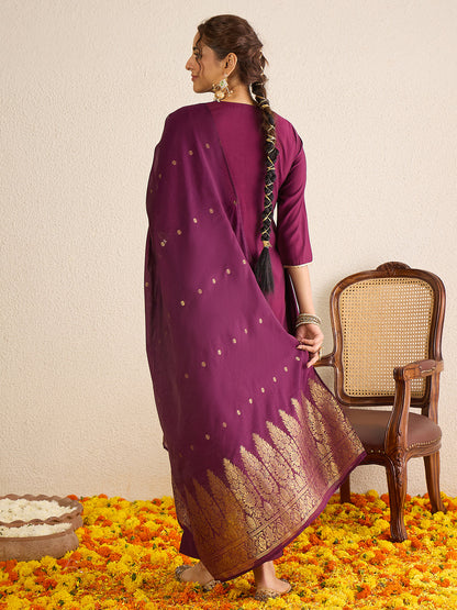 Janasya Women's Wine Chanderi Silk Floral Zari Yoke Embroidered A-line Kurta Set