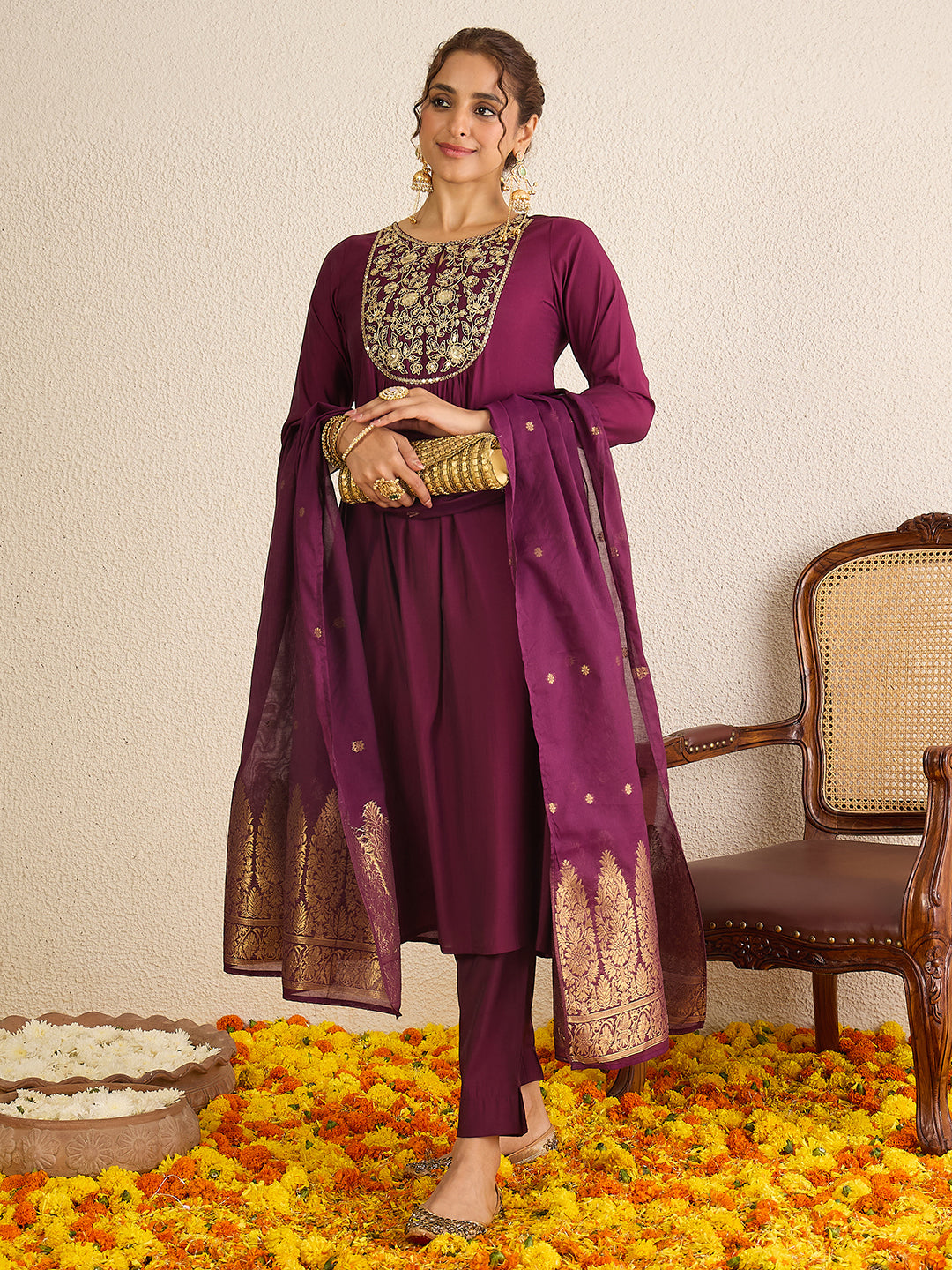 Janasya Women's Wine Chanderi Silk Floral Zari Yoke Embroidered A-line Kurta Set
