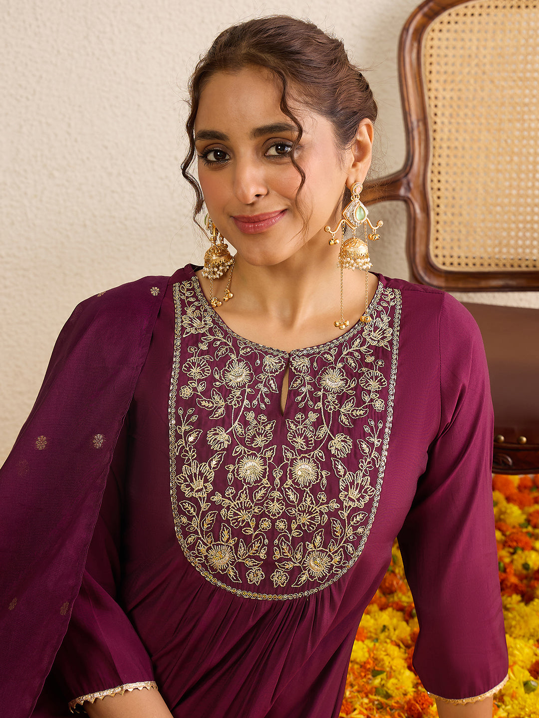 Janasya Women's Wine Chanderi Silk Floral Zari Yoke Embroidered A-line Kurta Set