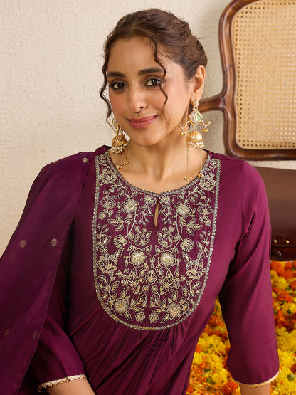 Janasya Women's Wine Chanderi Silk Floral Zari Yoke Embroidered A-line Kurta Set