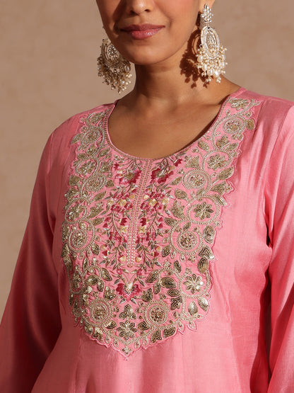Janasya Women's Light Pink Chanderi Silk Zari Yoke Embroidered Anarkali Kurta Set
