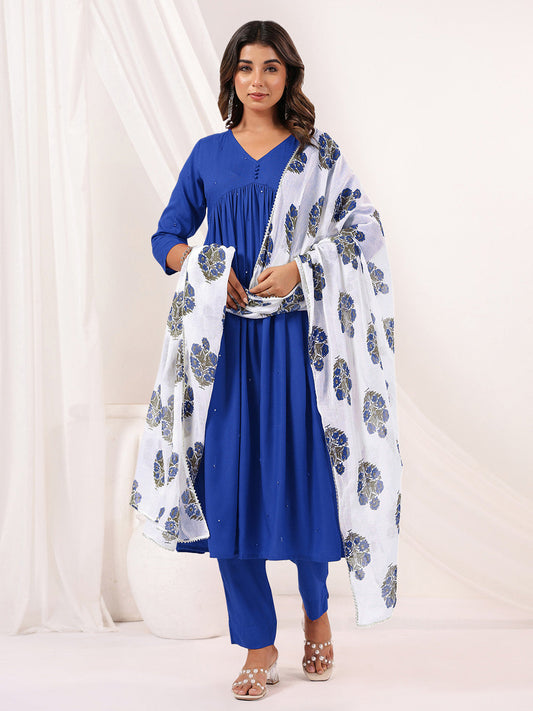 Janasya Women's Blue Rayon Embellished Mirror Work A-line Kurta Set
