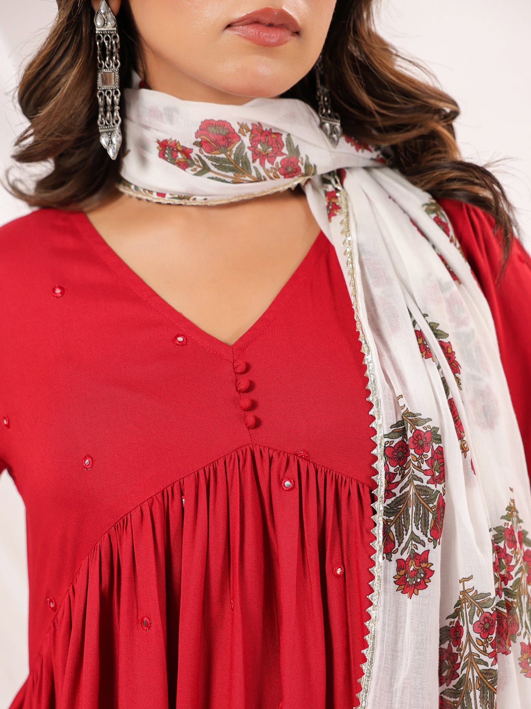 Janasya Women's Maroon Rayon Embellished Mirror Work A-line Kurta Set