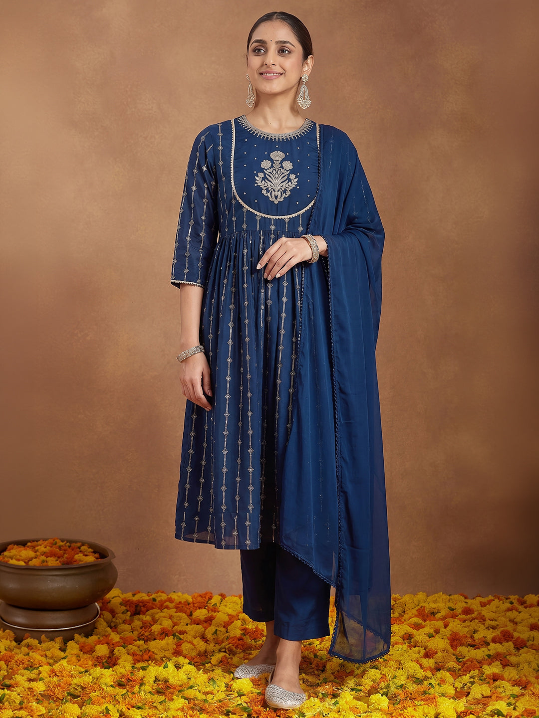 Janasya Women's Teal Blue Silk Blend Yoke Embroidered Gold Printed A-Line Kurta Set with Dupatta