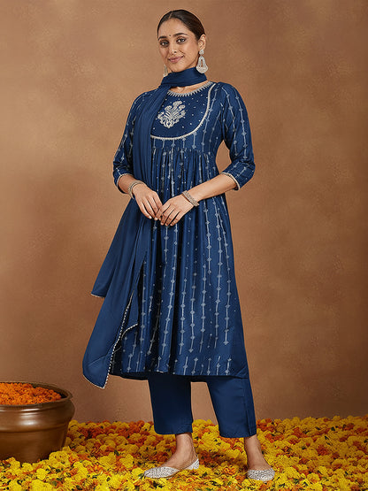 Janasya Women's Teal Blue Silk Blend Yoke Embroidered Gold Printed A-Line Kurta Set with Dupatta