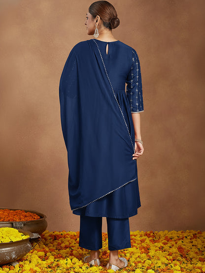 Janasya Women's Teal Blue Silk Blend Yoke Embroidered Gold Printed A-Line Kurta Set with Dupatta