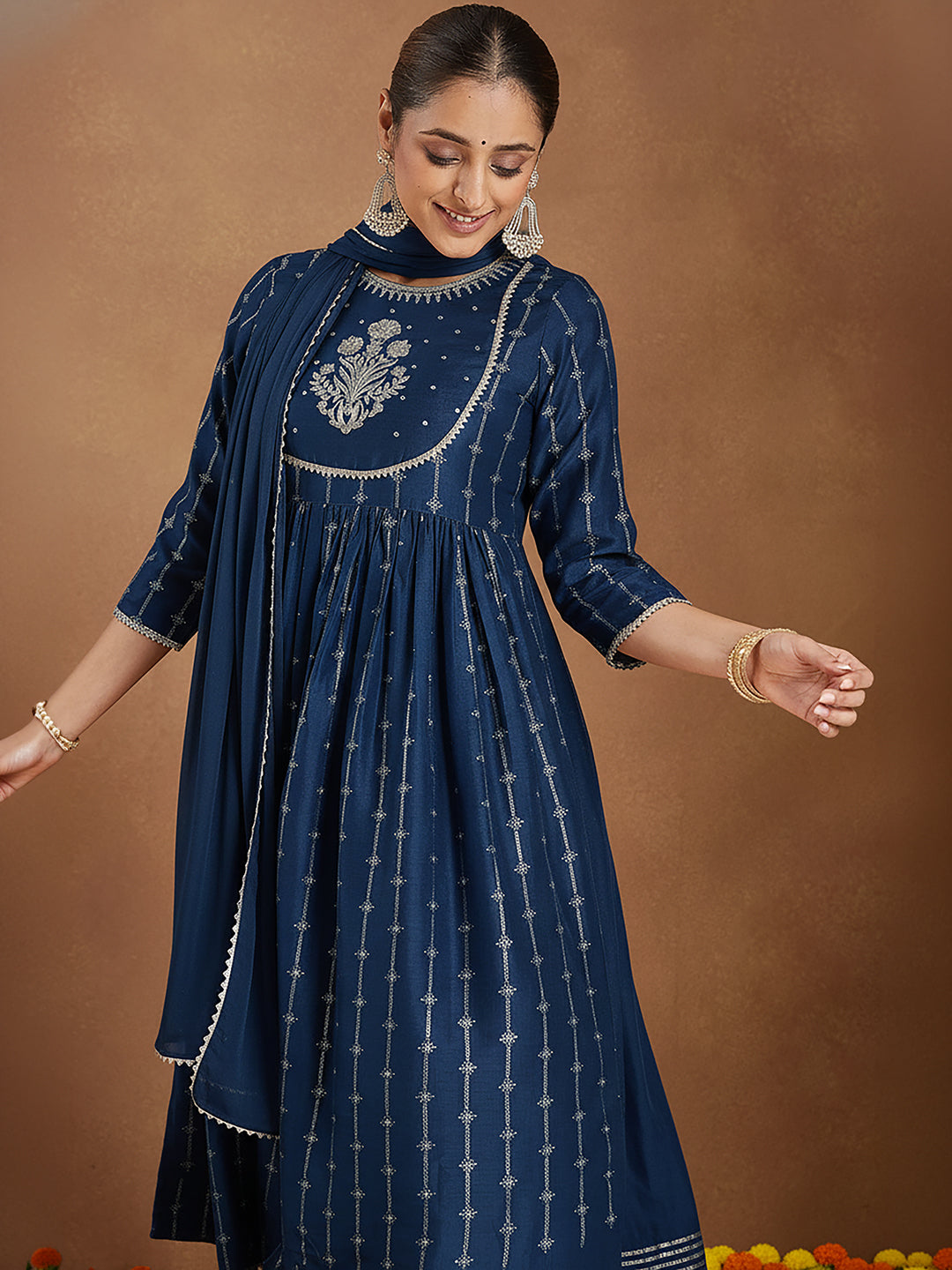 Janasya Women's Teal Blue Silk Blend Yoke Embroidered Gold Printed A-Line Kurta Set with Dupatta