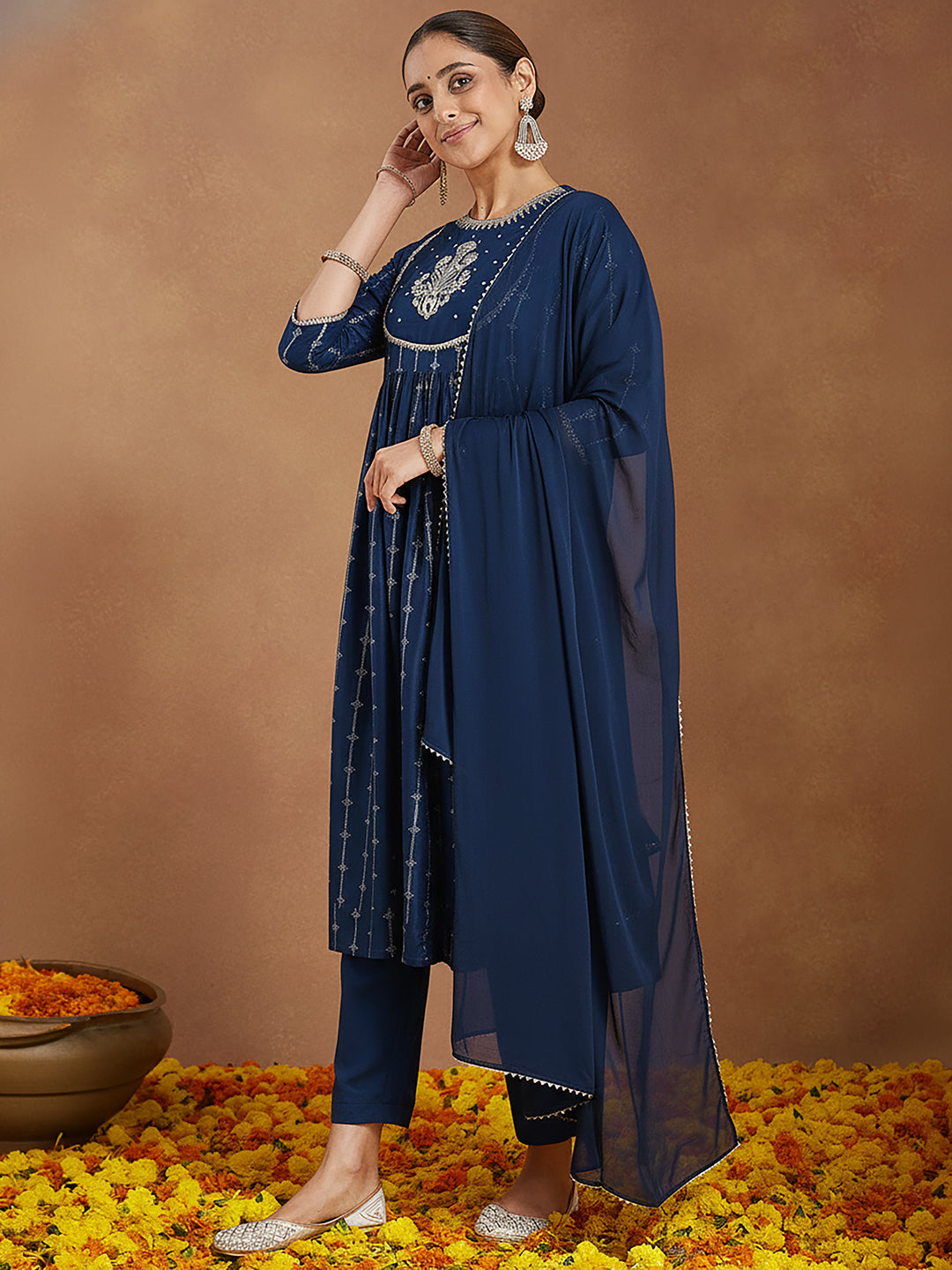Janasya Women's Teal Blue Silk Blend Yoke Embroidered Gold Printed A-Line Kurta Set with Dupatta