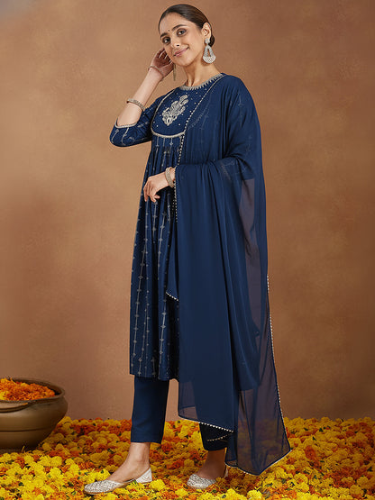 Janasya Women's Teal Blue Silk Blend Yoke Embroidered Gold Printed A-Line Kurta Set with Dupatta
