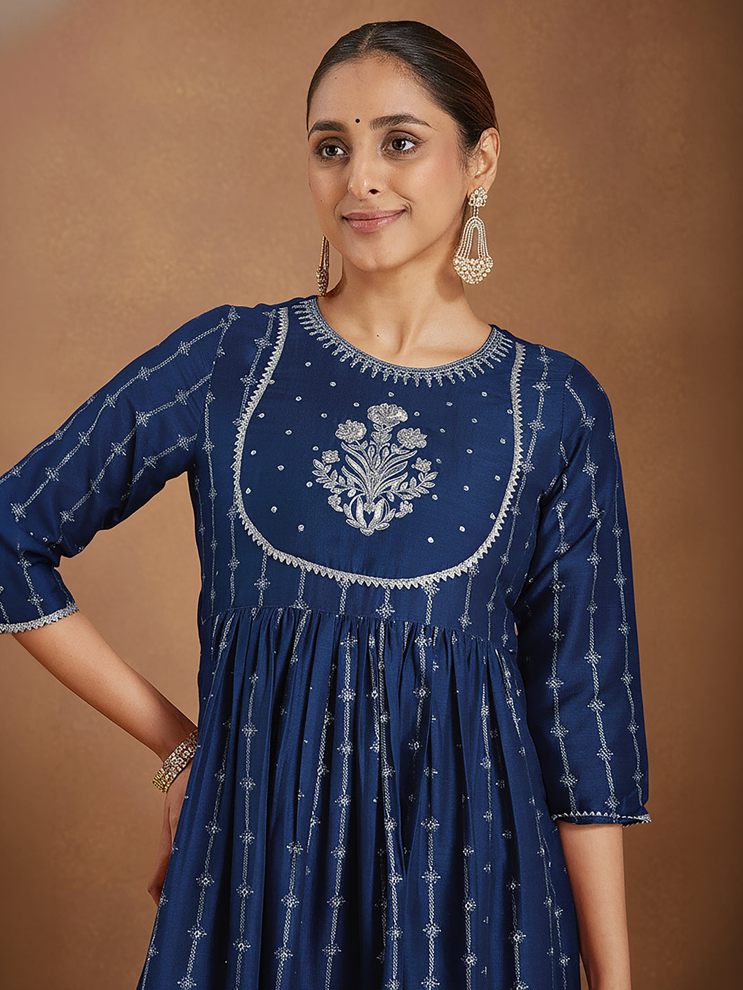 Janasya Women's Teal Blue Silk Blend Yoke Embroidered Gold Printed A-Line Kurta Set with Dupatta