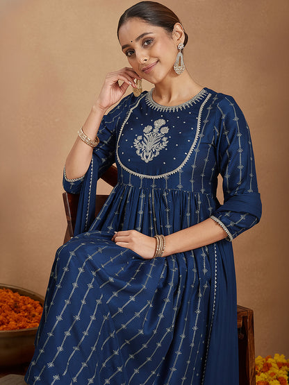 Janasya Women's Teal Blue Silk Blend Yoke Embroidered Gold Printed A-Line Kurta Set with Dupatta