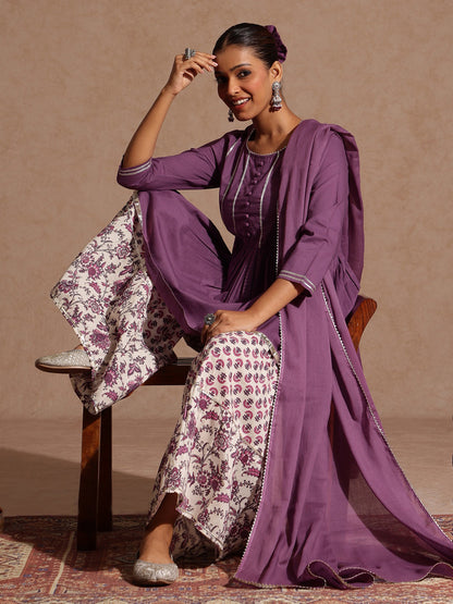 Janasya Women's Purple Pure Cotton Solid Peplum Top With Sharara & Dupatta Set