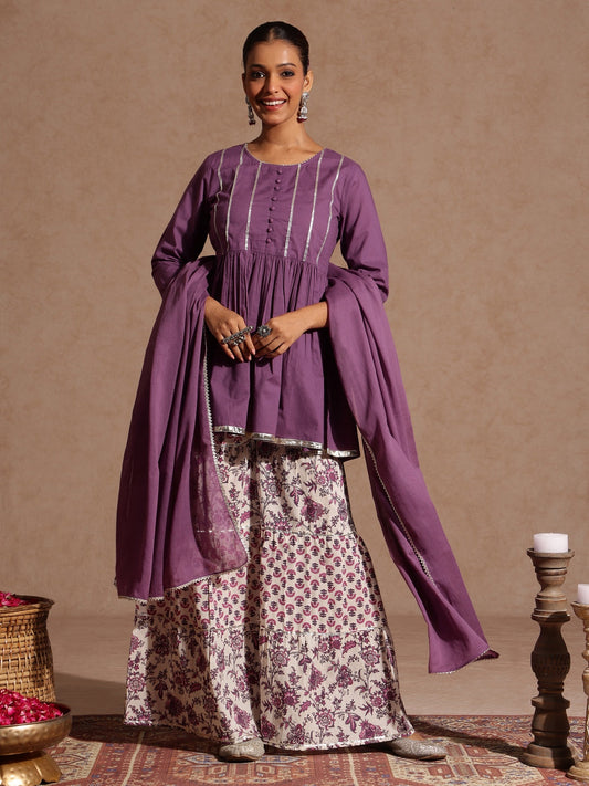 Janasya Women's Purple Pure Cotton Solid Peplum Top With Sharara & Dupatta Set