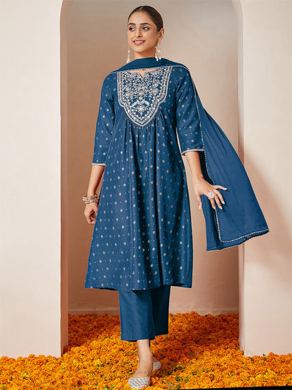 Janasya Women's Teal Blue Silk Blend Yoke Embroidered Gold Printed A-line Kurta Set With Dupatta