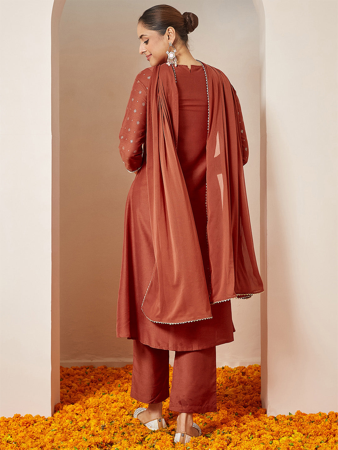 Janasya Women's Rust Silk Blend Zari Yoke Embroidered Gold Printed A-line Kurta Set With Dupatta