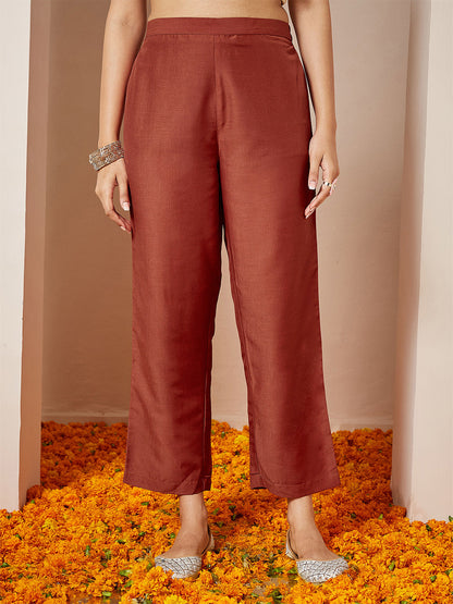 Janasya Women's Rust Silk Blend Zari Yoke Embroidered Gold Printed A-line Kurta Set With Dupatta